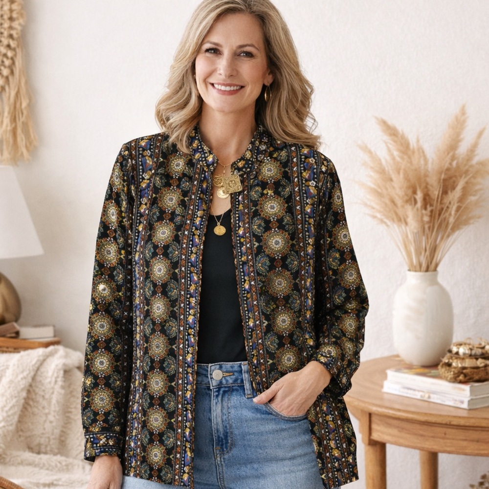 Vintage 80s Carole Little Metallic Paisley Blouse Jacket Size 14 Made USA
